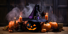 Halloween Pumpkin With Candle On The Wooden Table And Pumpkin Wearing Witch Hat Smoke Rise Around, Halloween Pumpkins In Graveyard On The Spooky Night. Halloween Background Concept .generative Ai
