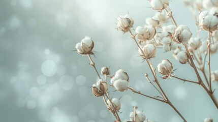Branches of cotton flowers on a light background with copyspace