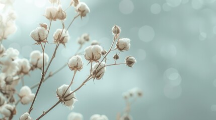 Branches of cotton flowers on a light background with copyspace