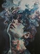 Surreal portrait of person with smoky hair - An emotive portrait featuring a person with swirling smoky hair, blending into an ethereal cloud of color and form