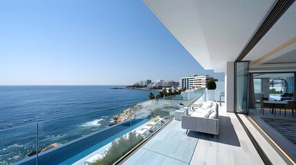 View from luxury apartment to open sea. A spacious balcony with an expansive view of the Mediterranean Sea, offering stunning ocean views from every angle. 