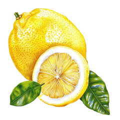 Wall Mural - A vibrant image of a whole lemon with a slice and a leaf set against a transparent background