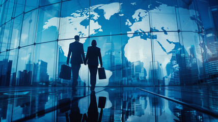 Business silhouette against futuristic city - Two business professionals, male & female, are silhouetted against a futuristic cityscape reflected in glass surface