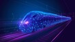 Digital low poly high-speed train wireframe in the future. Modern technology, transportation concept, and future logistics. Abstract 3d blue and purple illustration with connected dots. 