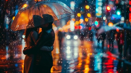 Wall Mural - A couple embracing under an umbrella during a romantic walk in the rain