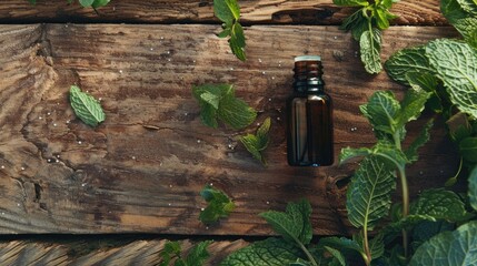 Wall Mural - Essential oil bottle with mint placed on a wooden surface