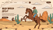 Hand drawn flat wild west landing page template with a cowboy riding a horse