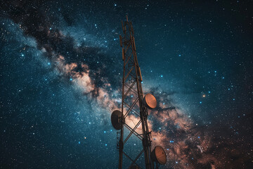 low angle shot of a satellite antenna array reaching up into the starry milky way sky