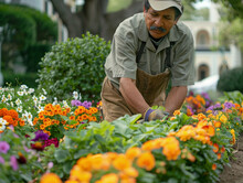 A Gardener In A Stylish Raw V6 Outfit Tending To Colorful Flower Beds On A Sunny Day.