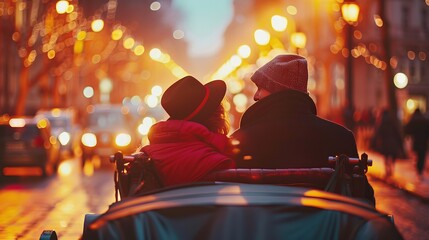 Wall Mural - Close-up of a couple enjoying a romantic carriage ride through the city streets