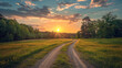 A road in a field with a sun setting in the background