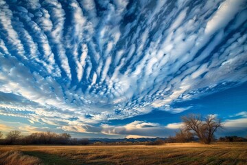 Blue sky with various cloud formations. High-altitude cloudscape photography. Weather and atmosphere concept for design and print. Beautiful simple AI generated image in 4K, unique.