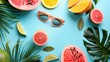 Summer bright background for advertising. Concept with glasses and fruits. Minimalistic aesthetic backdrop.