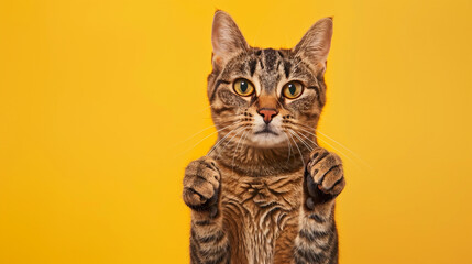 Behold a charming portrait of a beautiful, happy cat cheerfully holding two thumbs up in a gesture of approval, or playfully pointing a finger at the camera, set against an isolated yellow banner 