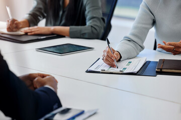 Sticker - Business people, meeting and closeup with documents and charts for work performance review at desk. Corporate group, discussion and paperwork with graph, statistics and analysis of employee results