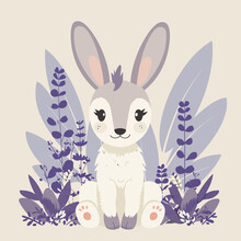 A Cute Rabbit Is Sitting In A Field Of Purple Flowers. The Rabbit Has A Big Smile On Its Face And Looks Very Happy