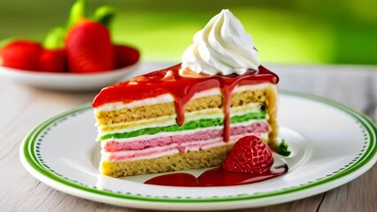 Wall Mural -  Deliciously layered cake with a fresh strawberry and whipped cream topping