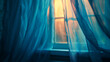 A blue curtain is open in a window, letting in the sunlight
