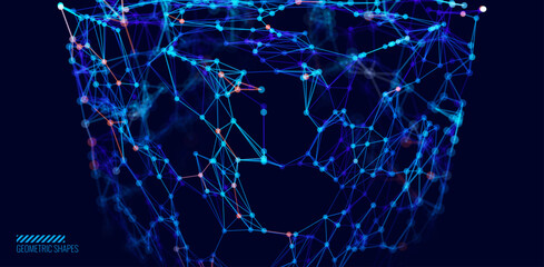 Aufkleber - 3D Cube Banner. Object with Dots and Lines. Molecular Grid. 3D Technology Style Baner Design. Vector Illustration. Futuristic Connection Structure for Technology or Science Concept.