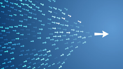 lead concept vector. follow the leader. leadership arrows blue background. small arrows following bi