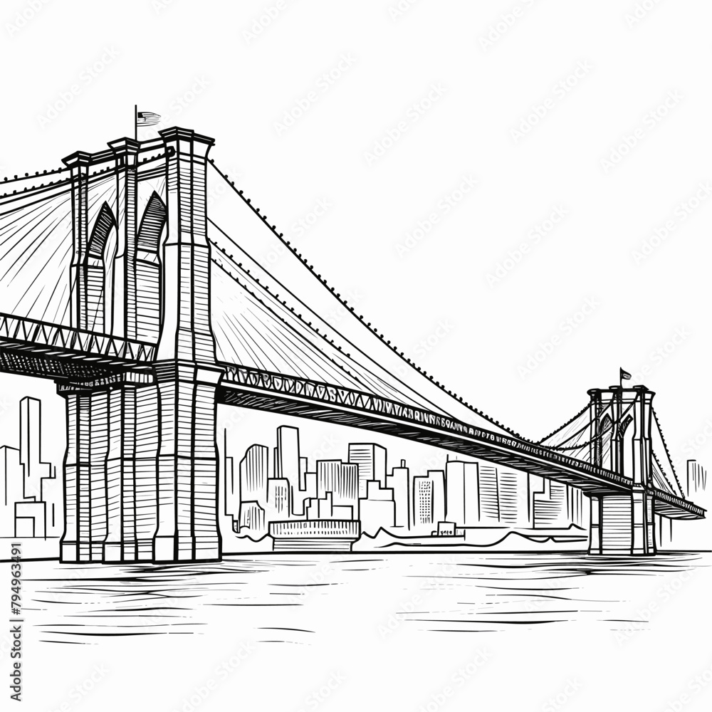 Brooklyn Bridge. Brooklyn Bridge hand-drawn comic illustration. Vector ...