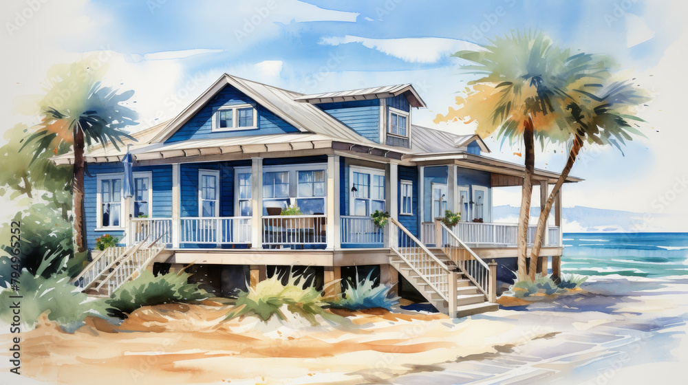 watercolor of blue house with a white porch and a white railing Stock ...