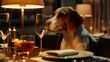 Dog seated at a sophisticated restaurant table with a wine glass.
