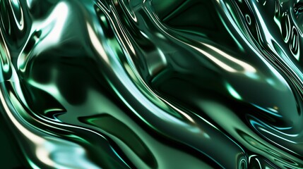 Wall Mural - 3d renderings of fluid shapes with green metallic textures. metallic green fluid art with reflective