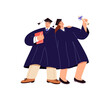 Fellow students in gowns, caps, bachelor diploma celebrate academic achievement, success. Happy friends graduate from high school, university. Flat isolated vector illustration on white background