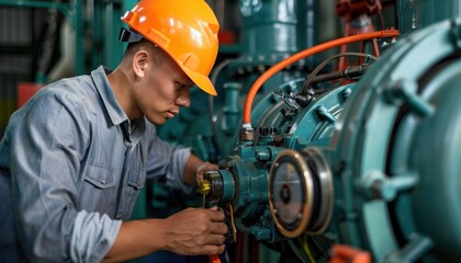 Wall Mural - An engineer in workwear with a helmet is working on a machine in a factory