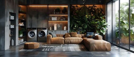 Luxury living room with dark frontload washing machine and fabric softener. Concept Luxury Living Room, Dark Frontload Washing Machine, Fabric Softener, Home Appliances, Interior Design