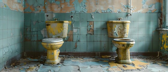 Decaying Toilets in Derelict Houses: A Detailed Exploration. Concept Abandoned Buildings, Urban Decay, Interior Photography, Neglected Architecture, Haunting Scenes