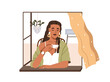 Woman relaxing at home, looking out open window, enjoying coffee cup. Girl inhaling fresh air, drinking tea in morning time. Happy calm leisure. Flat vector illustration isolated on white background