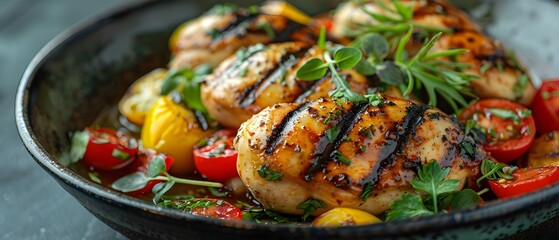 Canvas Print - Close-up of a realistic serving of grilled chicken and vegetables for a menu display. Concept Food Photography, Grilled Chicken, Vegetables, Menu Display, Close-up Shot