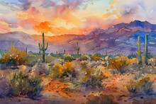 Desert Scenes At Dusk Watercolor Shades Blending Into Night