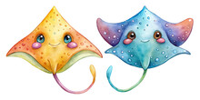 Cute Stingray Watercolor, Set Of Sea Animals Colorful Ocean Stingray Fish On Transparent Background