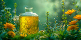 Fototapeta Londyn - Natures Magic Potion, Herbal Elixir Bottles Amongst Forest Greens, Mystical Healing Concept