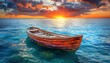 Tranquil sunset seascape with solitary wooden rowboat adrift on serene and placid waters