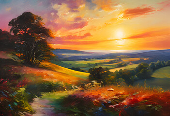 Wall Mural - sunset over the path. oil painting style.