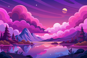 Poster - Pink and purple clouds resting above a tranquil lake