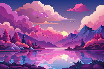 Poster - Pink and purple clouds resting above a tranquil lake