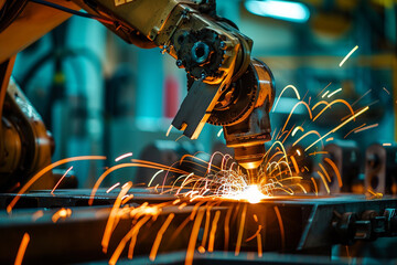 Detailed view of a robotic welding arm in a manufacturing setting, perfectly aligning two metal components