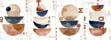Fototapeta Tęcza - A series of watercolor and ink illustrations featuring abstract shapes in earthy tones, such as terracotta red, navy blue, beige, brown, with patterns natural textures on white background.