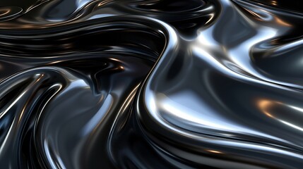 Wall Mural - glossy black waves in a liquid abstract design. 3d renderings of fluid shapes with black metallic te