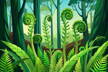 Poster - Verdant ferns unfurling in a shaded grove