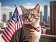 Felidae with whiskers sits before US flag with building background. Generative Ai.