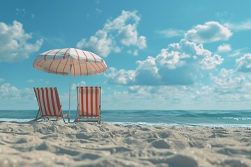 Beach umbrella and deck chair on the sand with a blue sky background, depicting a summer vacation concept