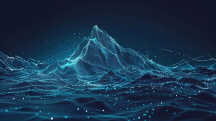 Wall Mural - Abstract polygonal mountain with glowing lines and dots on a dark blue background