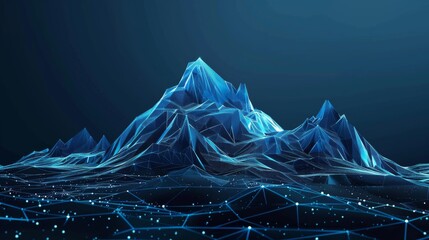 Wall Mural - Abstract polygonal mountain with glowing lines and dots on a dark blue background