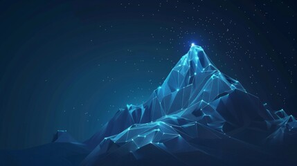 Wall Mural - Abstract polygonal mountain with glowing lines and dots on a dark blue background